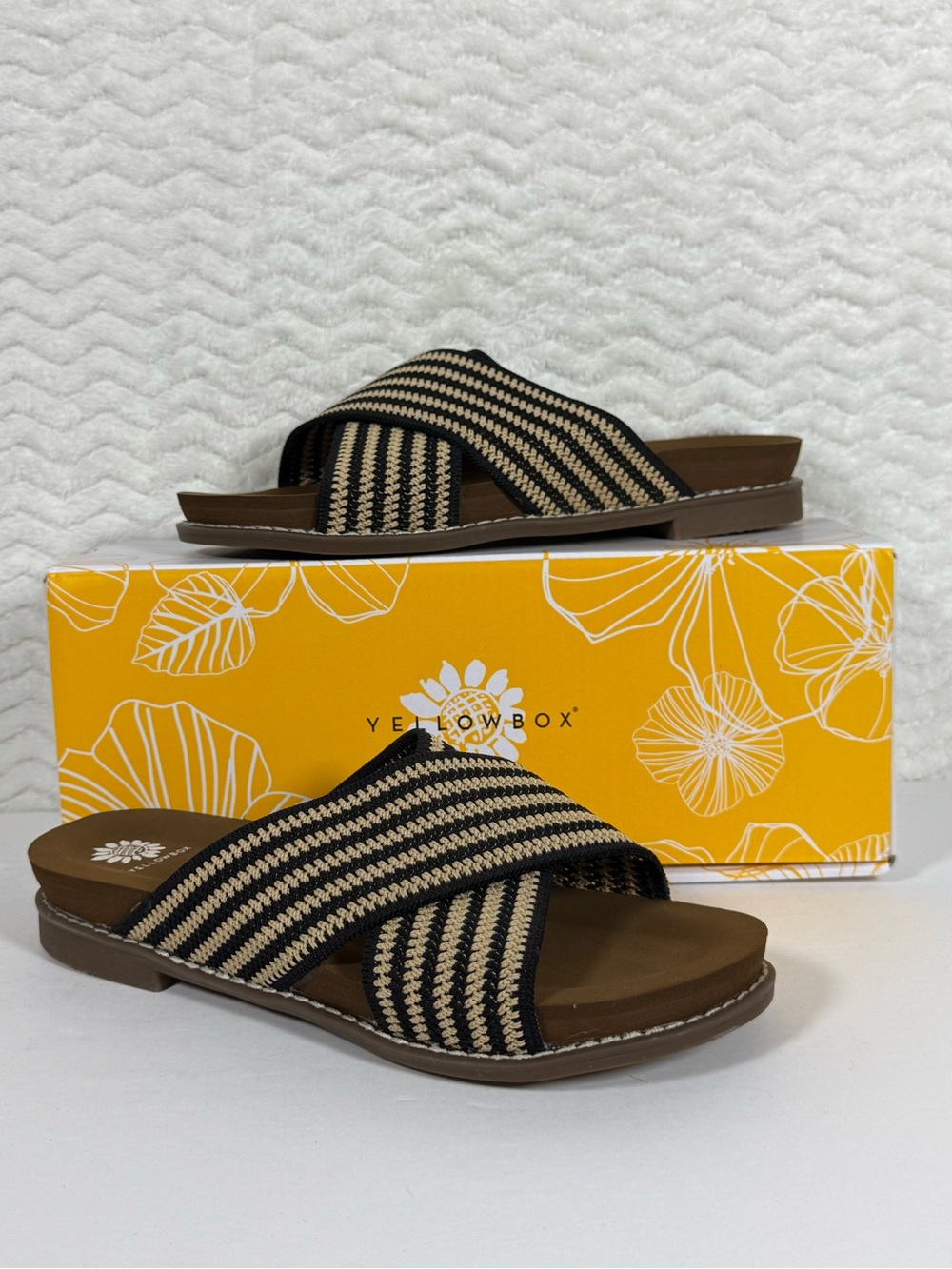 Yellow Box Black and Tan Striped Crossband Slide Sandal. Soft and comfortable 🤩